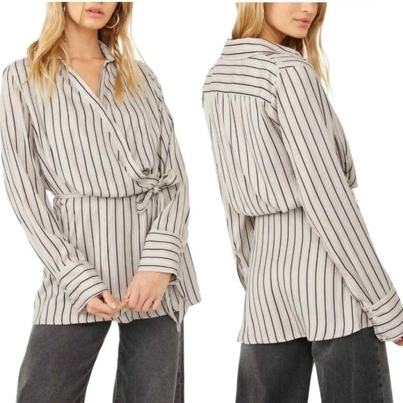 Free PEOPLE Arlo Striped Plunging Neckline Long Sleeve Wrap Blouse Size XS - Picture 1 of 16